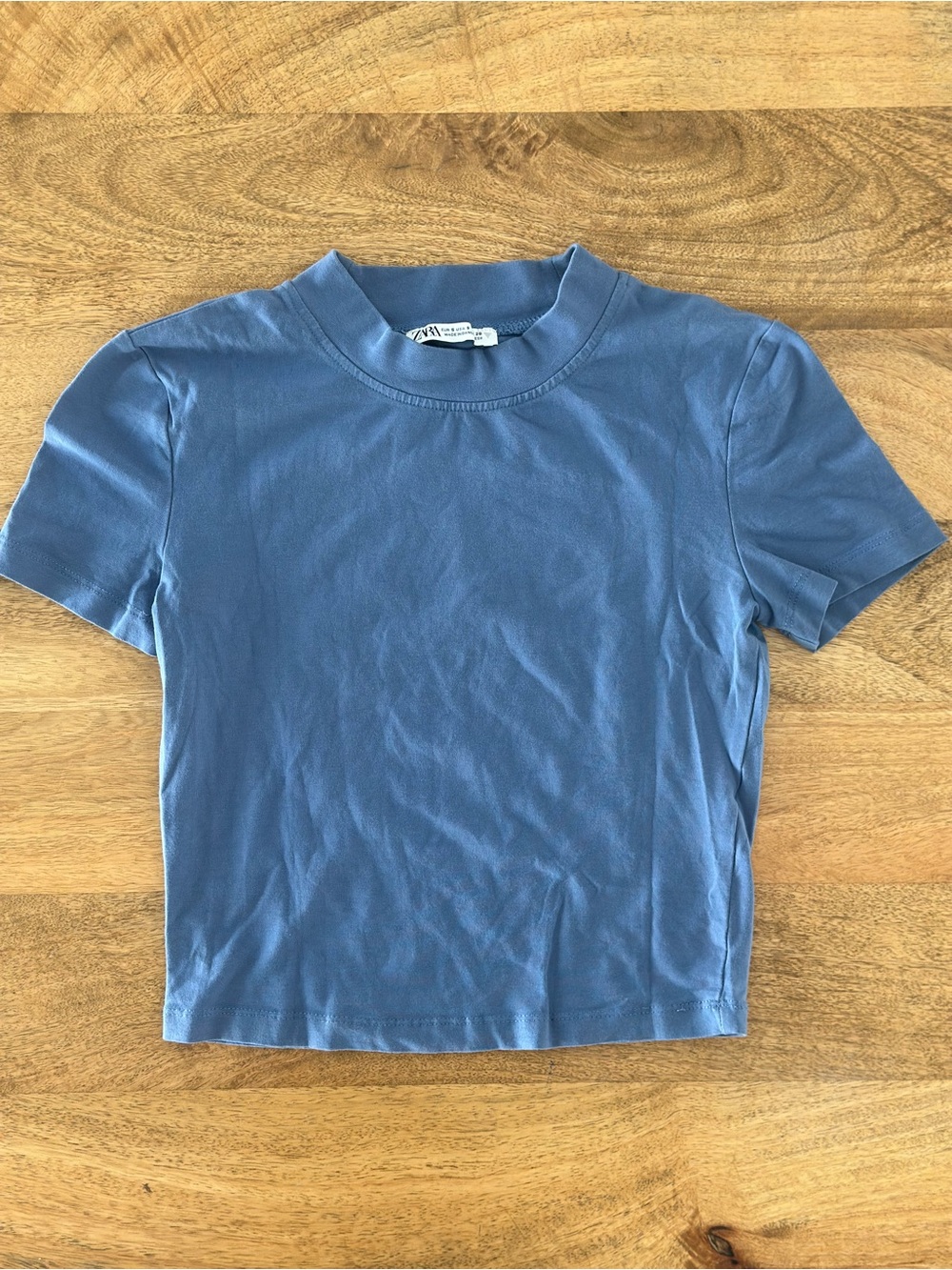 Zara Blue Mock Neck Cropped Fitted T-Shirt Size Small